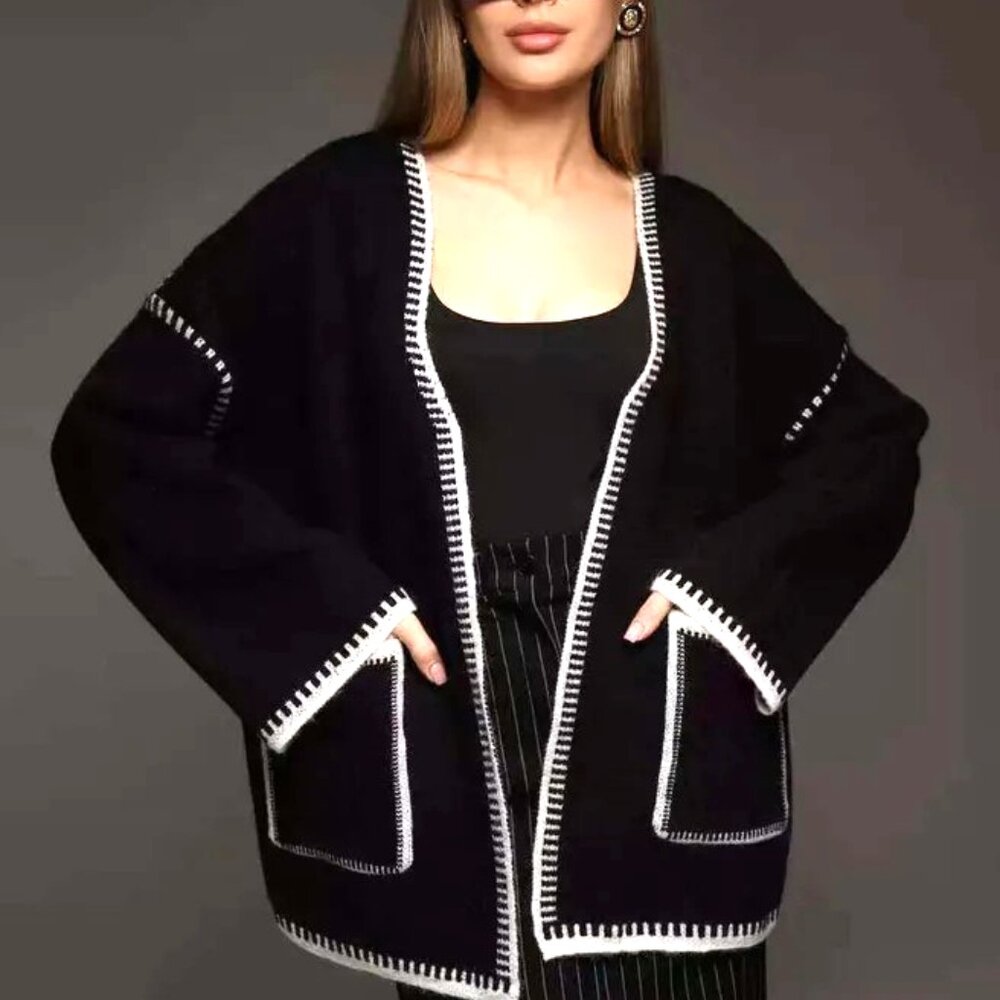 BLACK CARDIGAN WRAP OPEN SWEATER WITH WHITE GRECIAN STYLE KNIT EDGING